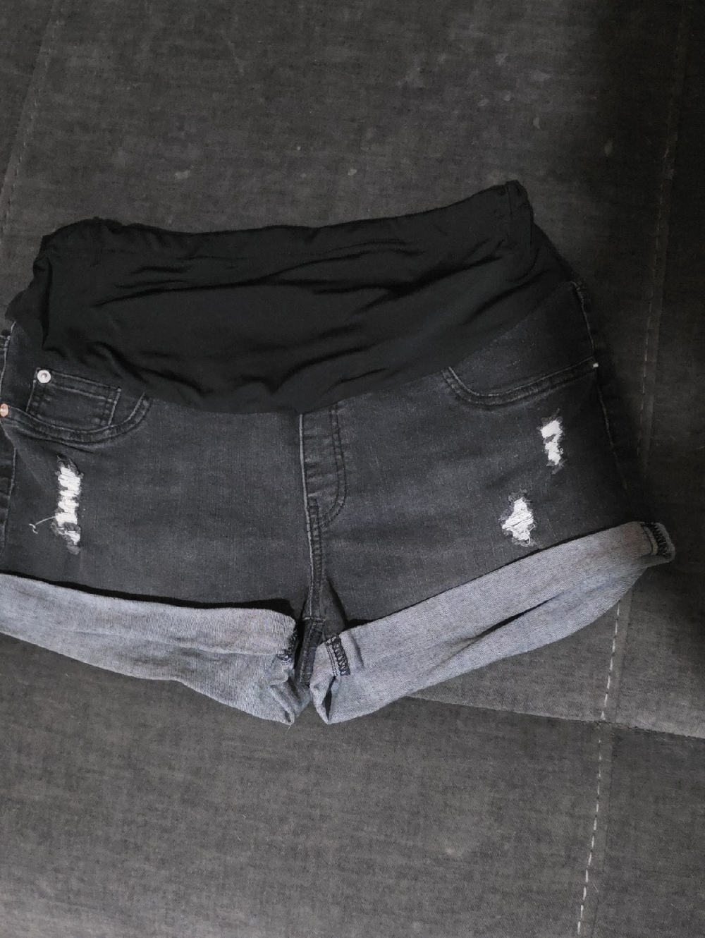 Black Maternity Distressed Denim Roll‑Cuff Shorts